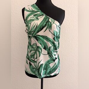 H&M Green Tropical Leaf One-Shoulder Blouse | White Resort Print Top